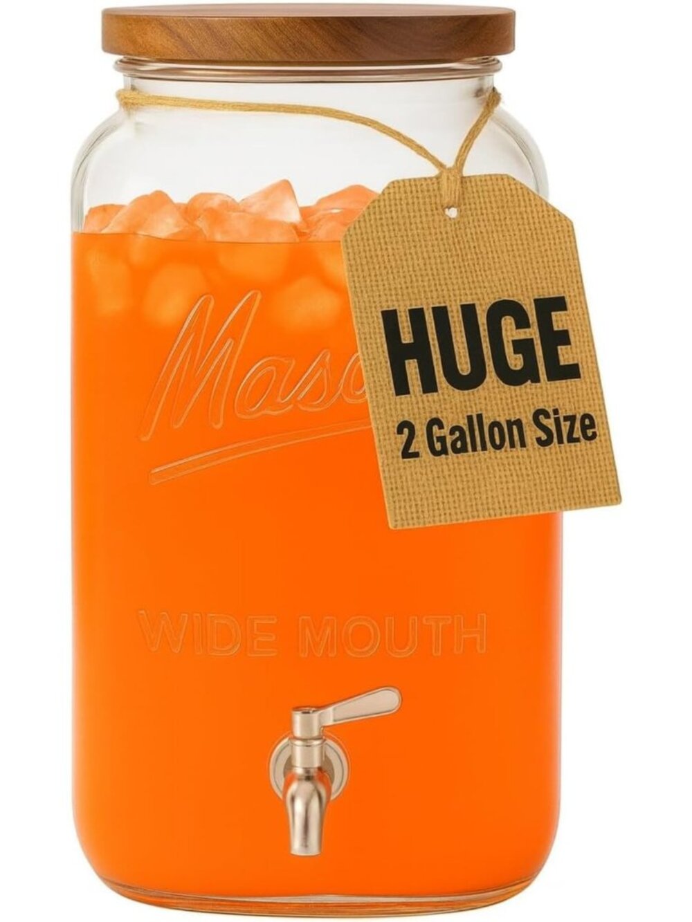 Large 2 Gallon Glass Beverage Dispenser with Wooden Lid & Stainless Steel Spigot